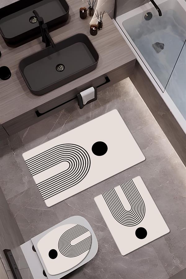 Bambu Kumaş Deri Tabanlı Yıkanabilir Kaymaz Tabanlı Modern Desenli 3'lü Klozet Takımı Banyo Paspas Seti
