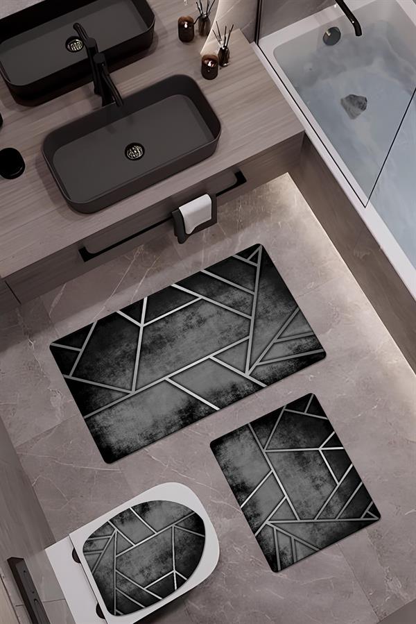 Bambu Kumaş Deri Tabanlı Yıkanabilir Kaymaz Tabanlı Modern Desenli 3'lü Klozet Takımı Banyo Paspas Seti