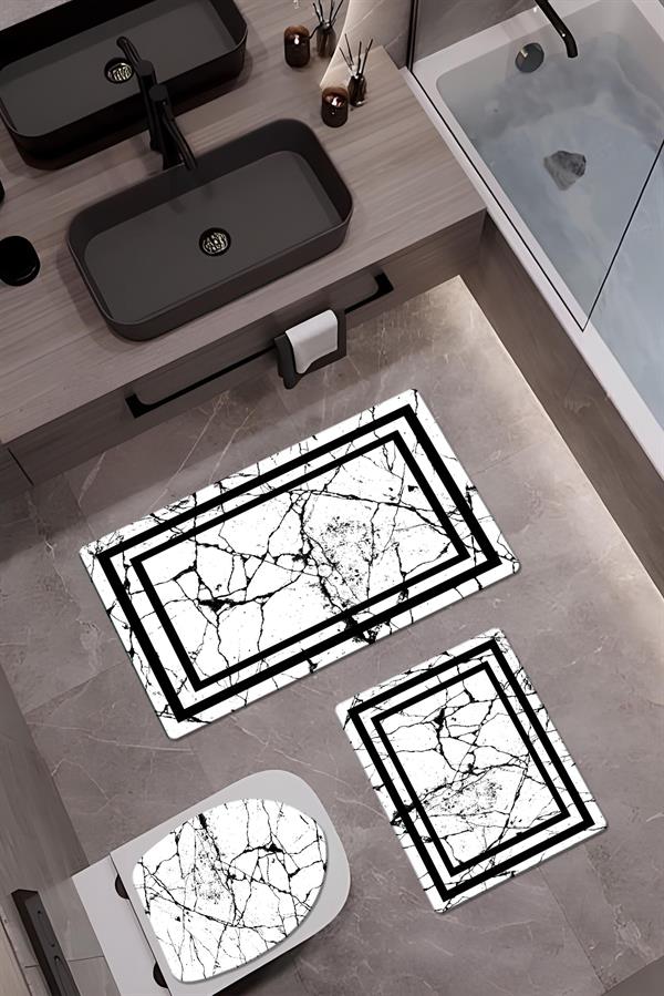 Bambu Kumaş Deri Tabanlı Yıkanabilir Kaymaz Tabanlı Modern Desenli 3'lü Klozet Takımı Banyo Paspas Seti