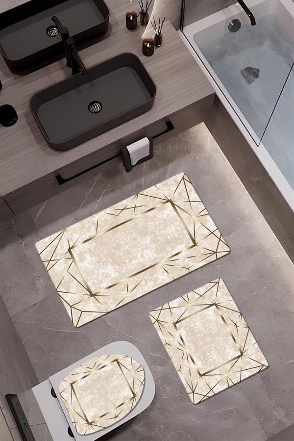 Bambu Kumaş Deri Tabanlı Yıkanabilir Kaymaz Tabanlı Modern Desenli 3'lü Klozet Takımı Banyo Paspas Seti