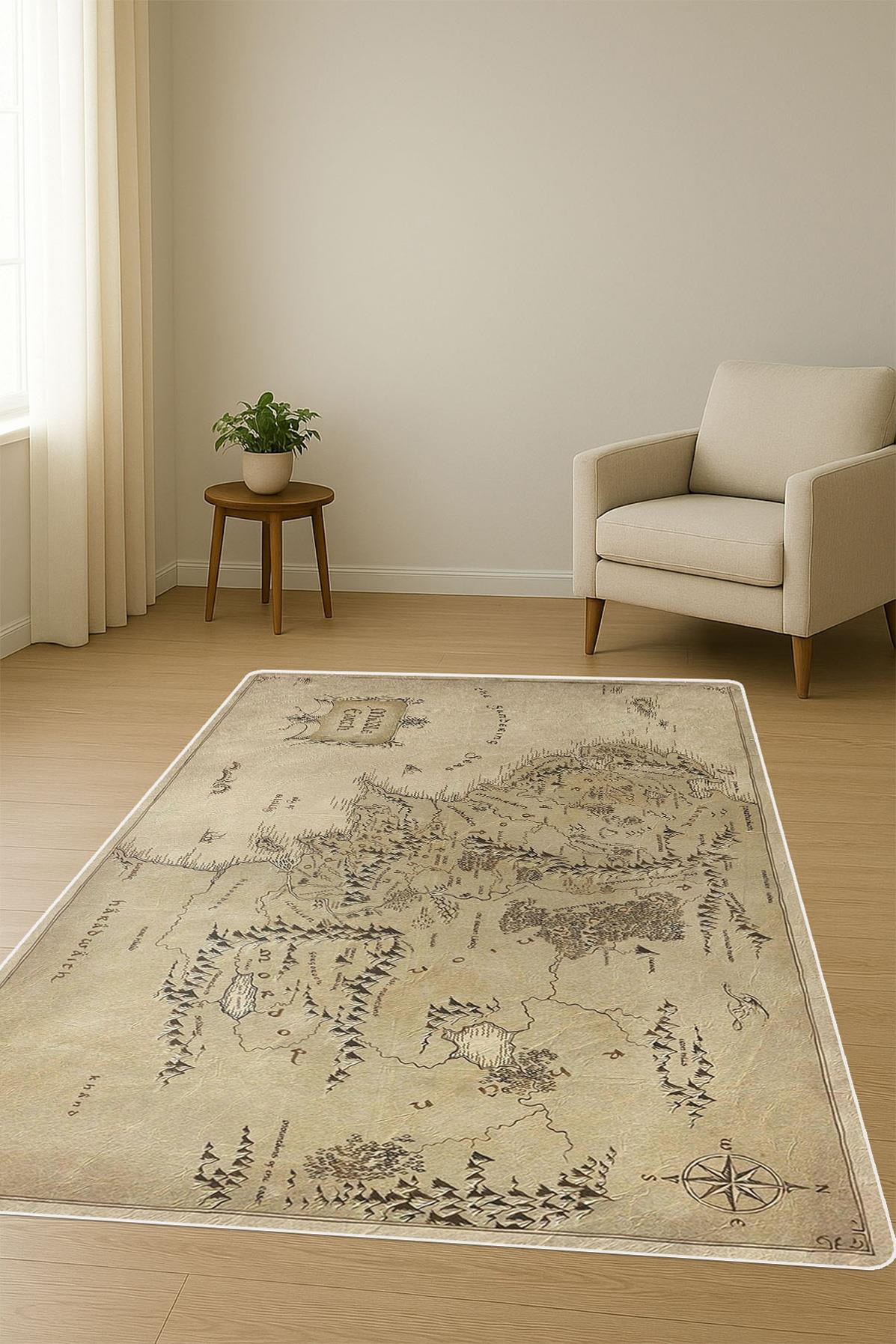 Harita Desenli Dijital Baskı Kaymaz Taban Halı H0696