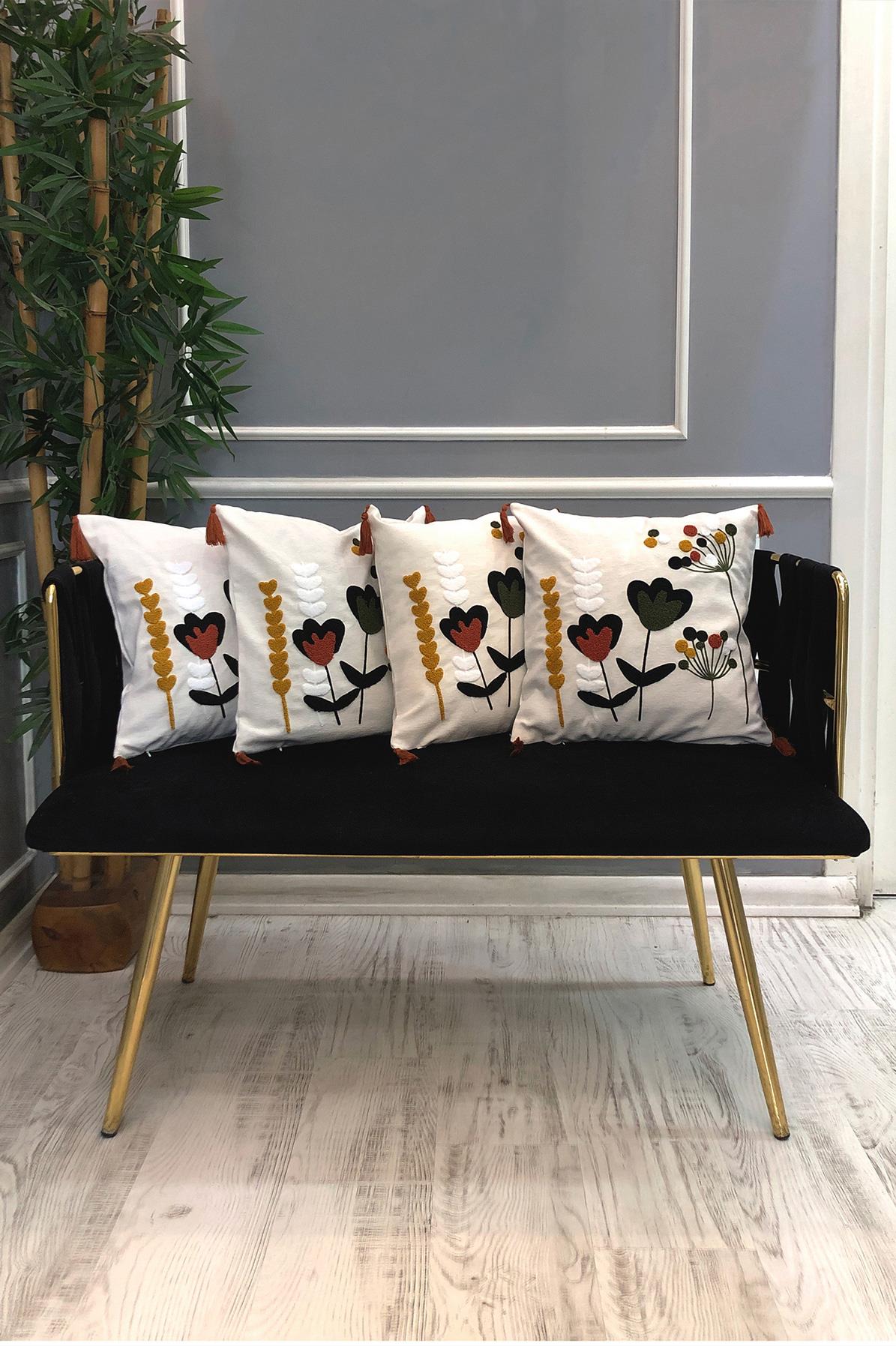 Nakışlı Püsküllü Dekoratif Kırlent Kılıfı Takımı (4 Parça - 43x43 cm) NKK003