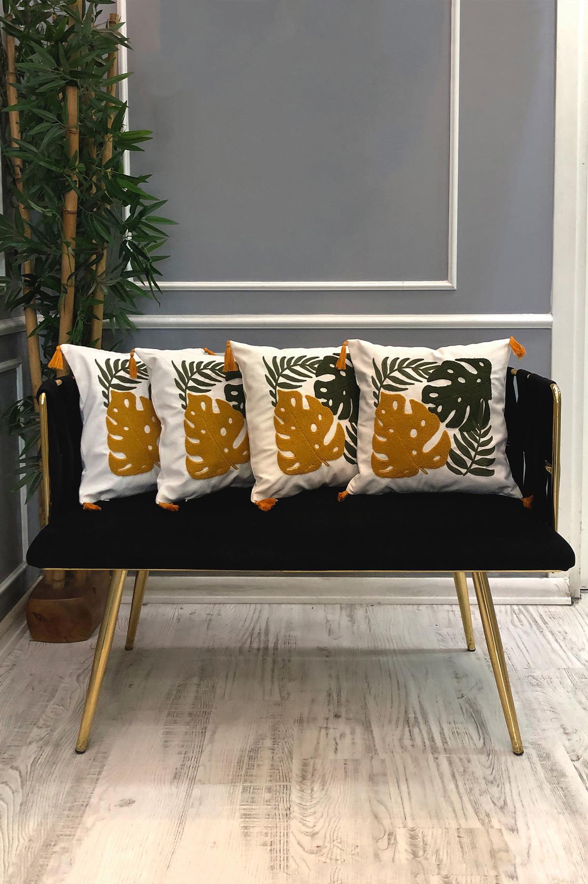 Nakışlı Püsküllü Dekoratif Kırlent Kılıfı Takımı (4 Parça - 43x43 cm) NKK004