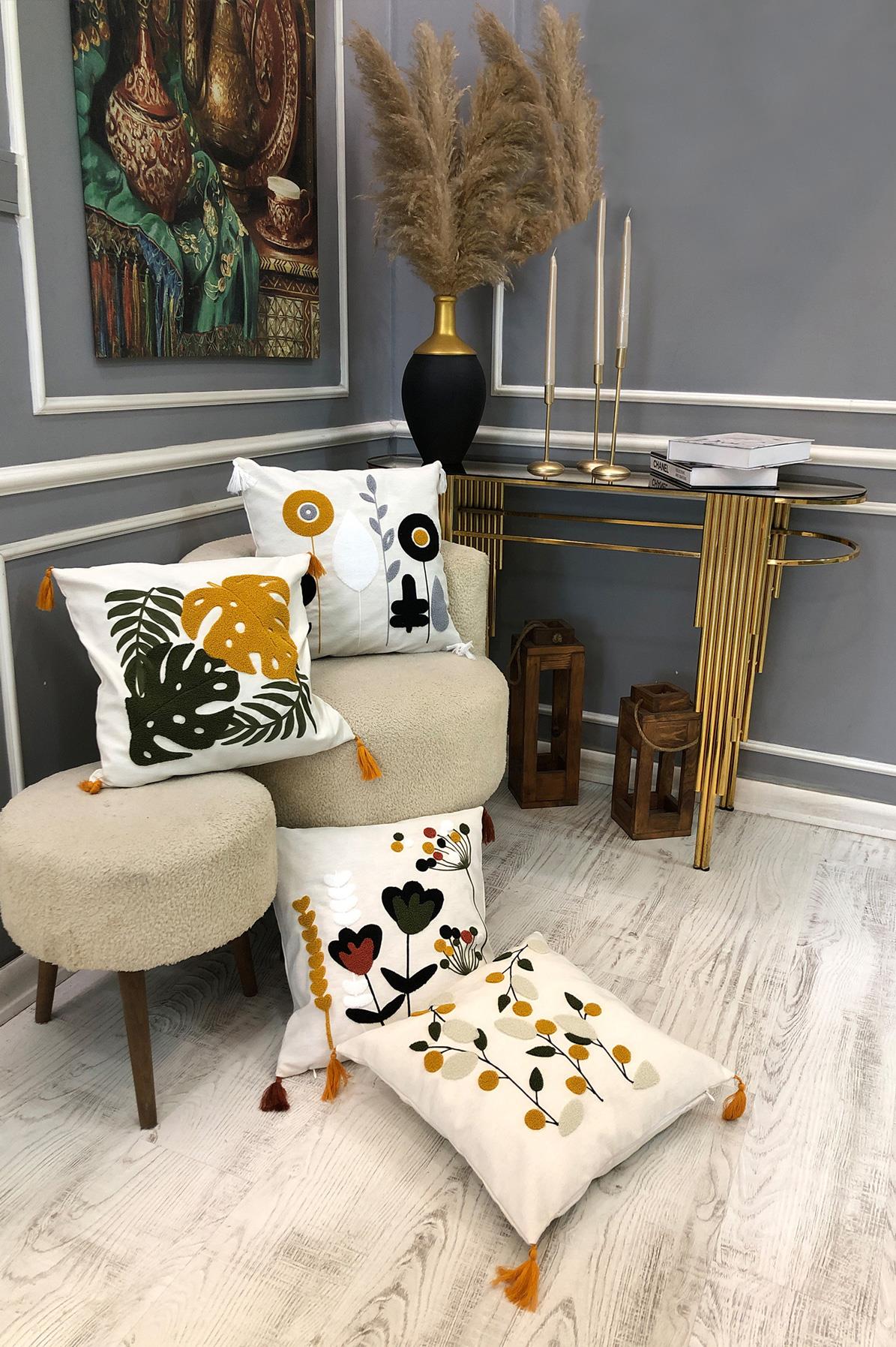 Nakışlı Püsküllü Dekoratif Kırlent Kılıfı Takımı (4 Parça - 43x43 cm) NKK006