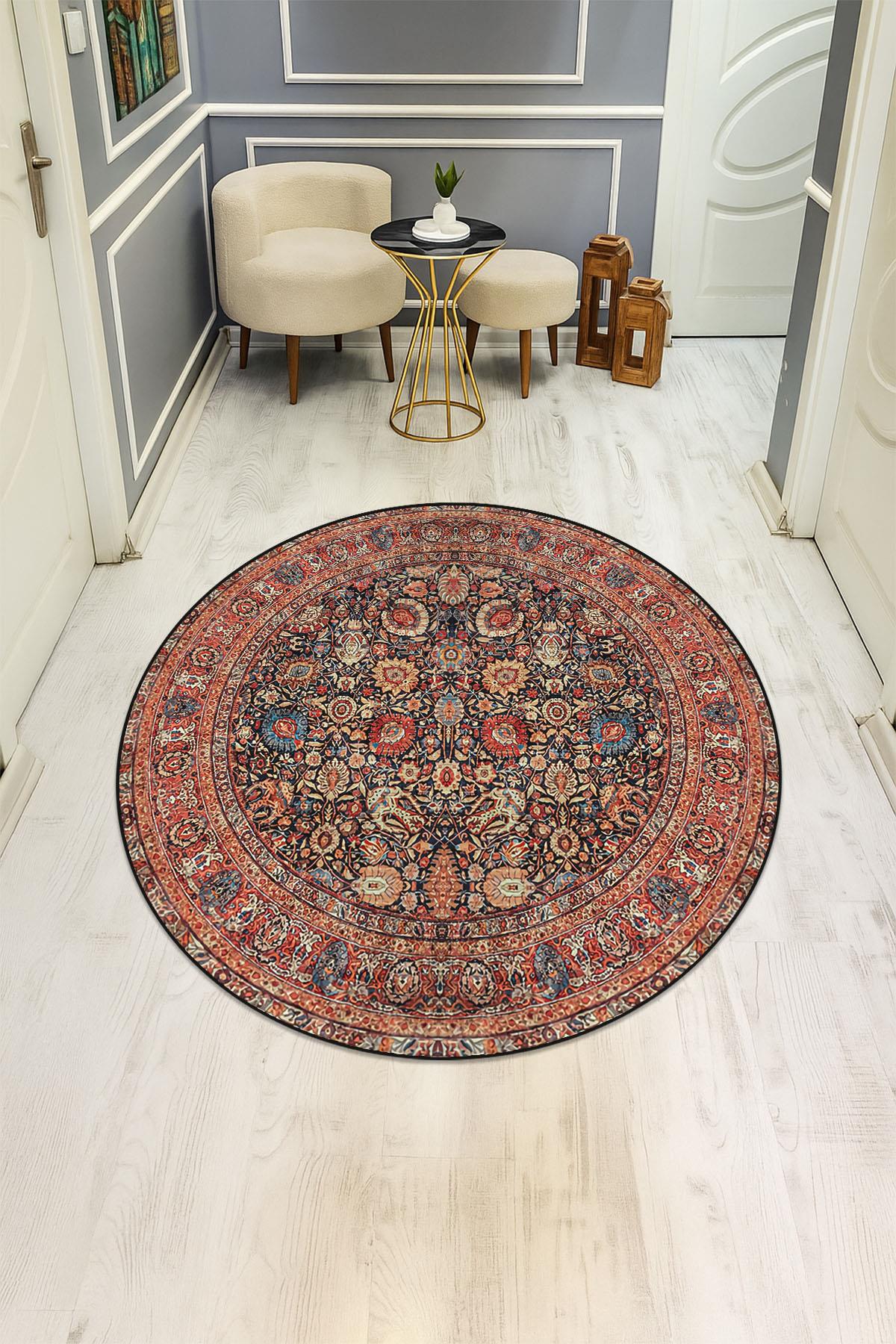 Vintage Desenli Yuvarlak Dijital Baskı Kaymaz Tabanlı Halı H0365