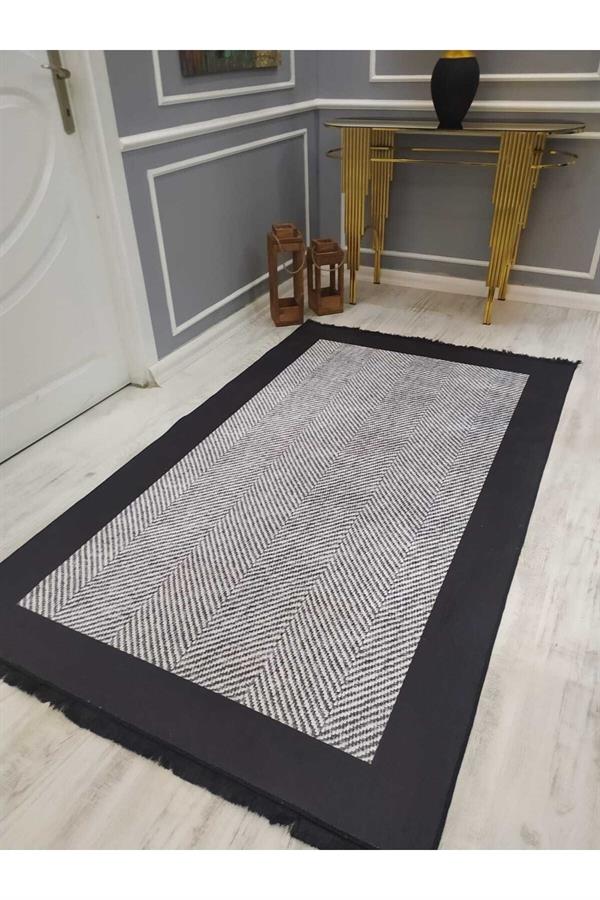Çerçeveli Çizgili Kilim Desenli Kaymaz Tabanlı Yıkanabilir Leke Tutmaz Dokuma Taban Halı Drk8064-7