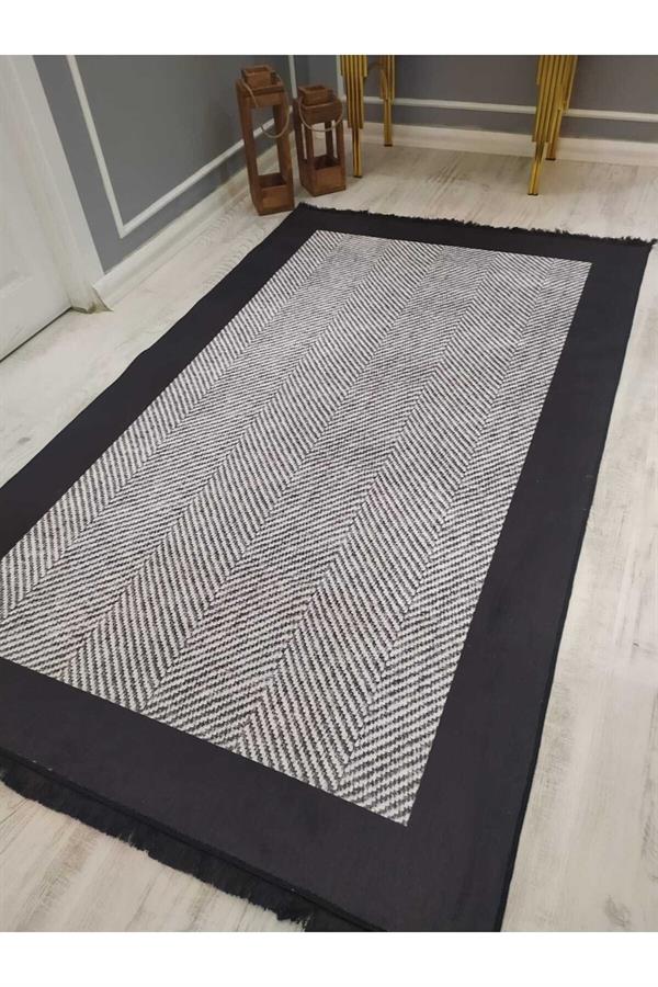 Çerçeveli Çizgili Kilim Desenli Kaymaz Tabanlı Yıkanabilir Leke Tutmaz Dokuma Taban Halı Drk8064-7