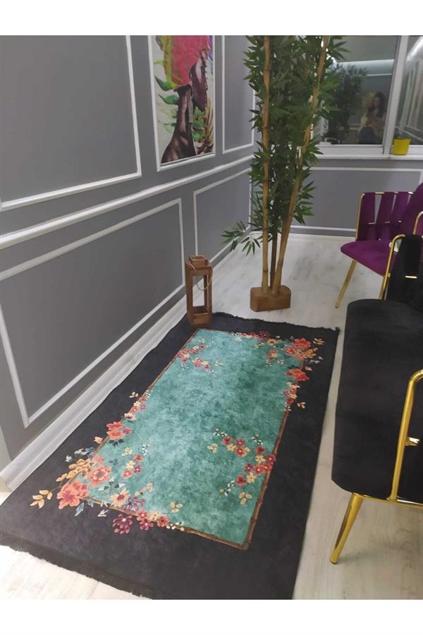 Çerçeveli Renkli Çiçekler Desen Kaymaz Tabanlı Yıkanabilir Leke Tutmaz Dokuma Taban Halı Drk8075-6
