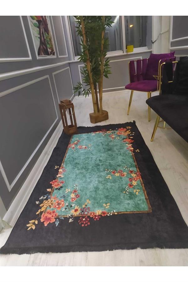 Çerçeveli Renkli Çiçekler Desen Kaymaz Tabanlı Yıkanabilir Leke Tutmaz Dokuma Taban Halı Drk8075-6