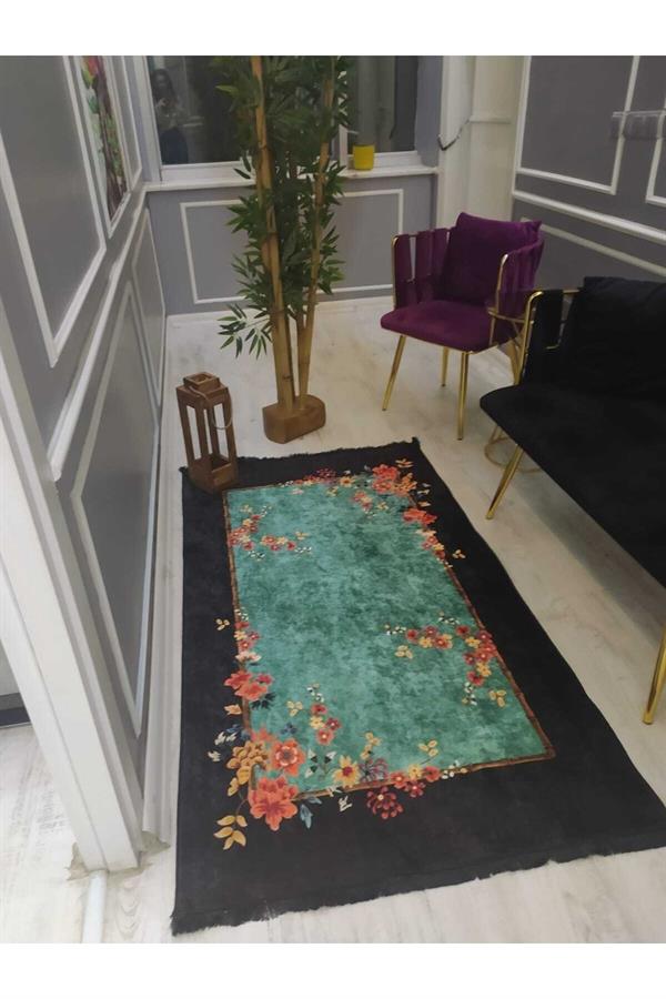 Çerçeveli Renkli Çiçekler Desen Kaymaz Tabanlı Yıkanabilir Leke Tutmaz Dokuma Taban Halı Drk8075-6