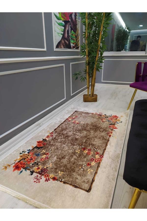 Çerçeveli Renkli Çiçekler Desenli Kaymaz Tabanlı Yıkanabilir Leke Tutmaz Dokuma Taban Halı Drk8070-9