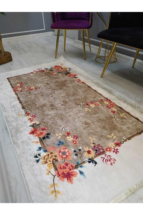 Çerçeveli Renkli Çiçekler Desenli Kaymaz Tabanlı Yıkanabilir Leke Tutmaz Dokuma Taban Halı Drk8070-9