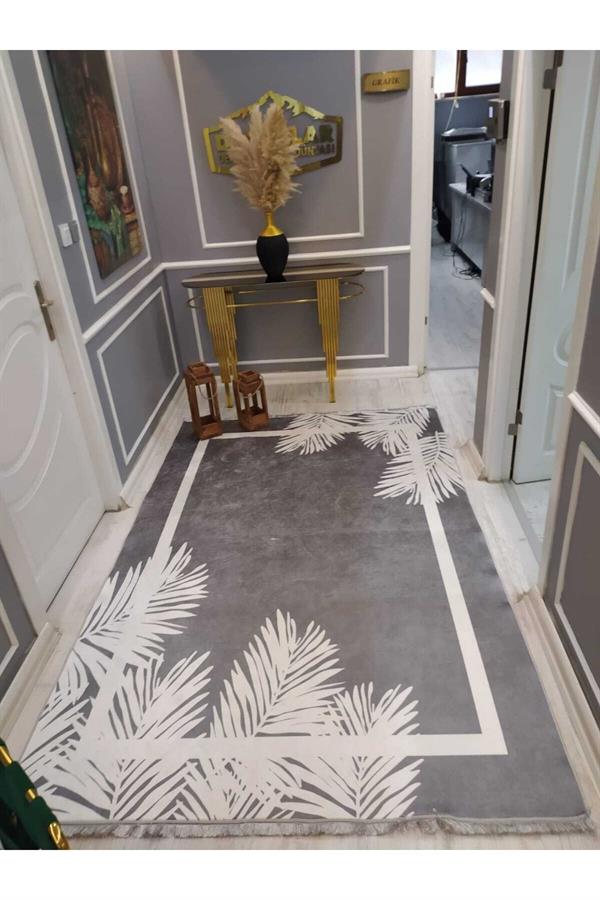 Çerçeveli Tropikal Yapraklar Desenli Kaymaz Tabanlı Yıkanır Leke Tutmaz Dokuma Taban Halı Drk8068-10