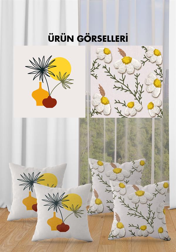 Çift Taraf Baskılı Parlak Kadife Kumaş  Modern Desen 4 adet Kırlent Kılıf Seti