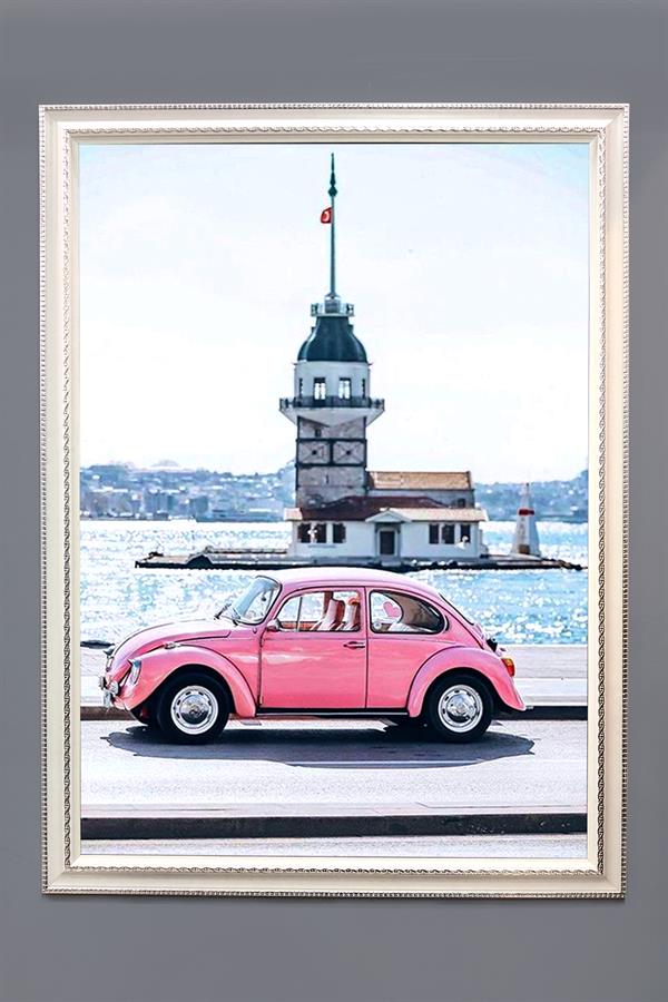 Dekoratif Modern Araba ve Kız Kulesi Desenli Çerçeveli Tablo Duvar Tablosu 50x70cm