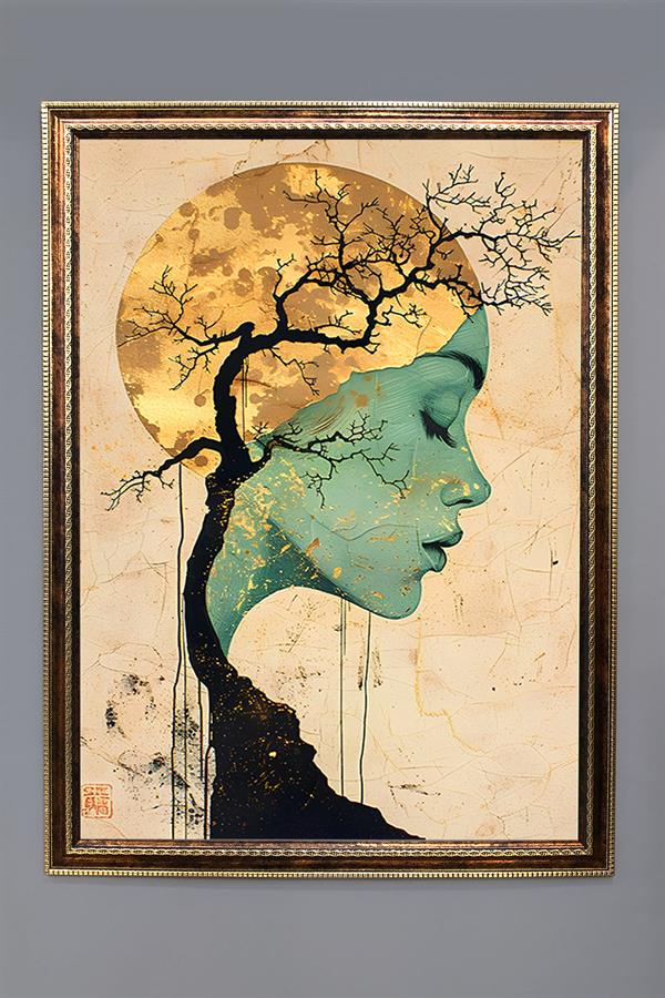 Dekoratif Modern Çerçeveli Ay Kız Desenli Duvar Tablosu 50x70 CM