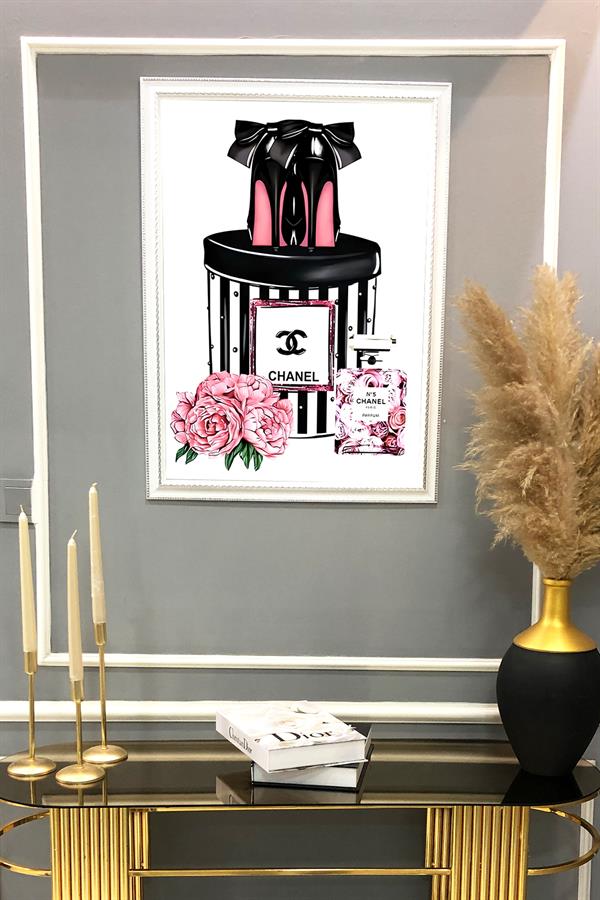Dekoratif Modern Çerçeveli Coco Parfüm Çiçek Desenli Duvar Tablosu 50x70 CM