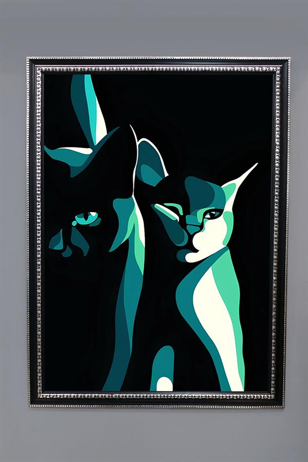 Dekoratif Modern Çerçeveli Kedi Desenli Duvar Tablosu 50x70 CM