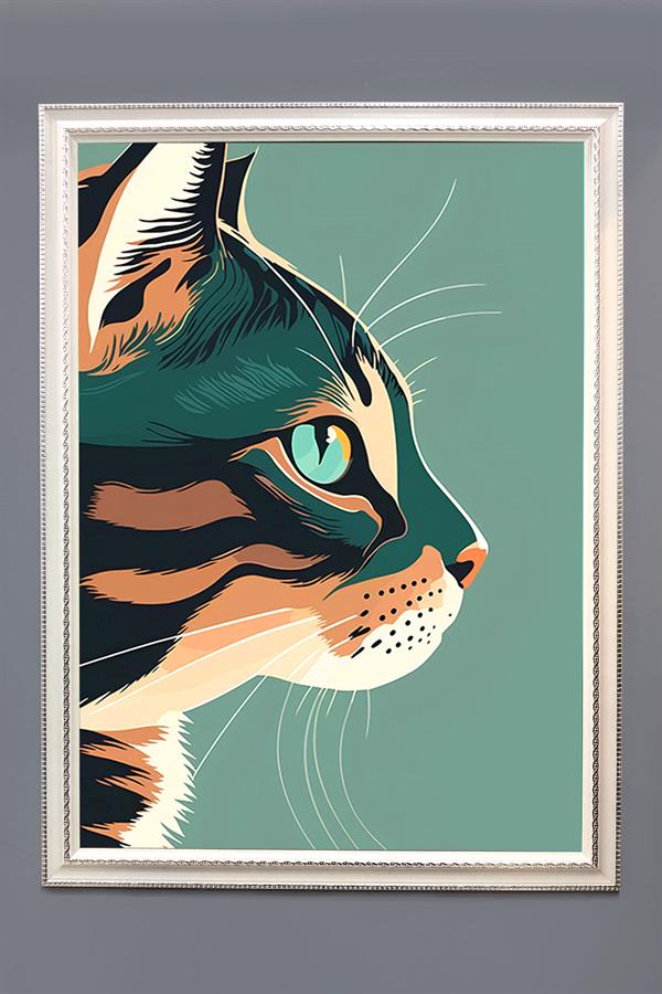 Dekoratif Modern Çerçeveli Kedi Desenli Duvar Tablosu 50x70 CM