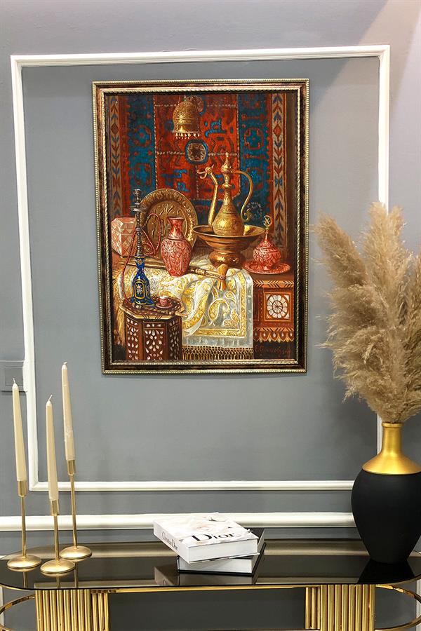 Dekoratif Modern Çerçeveli Otantik İbrik ve Nargile Desenli Duvar Tablosu 50x70 CM