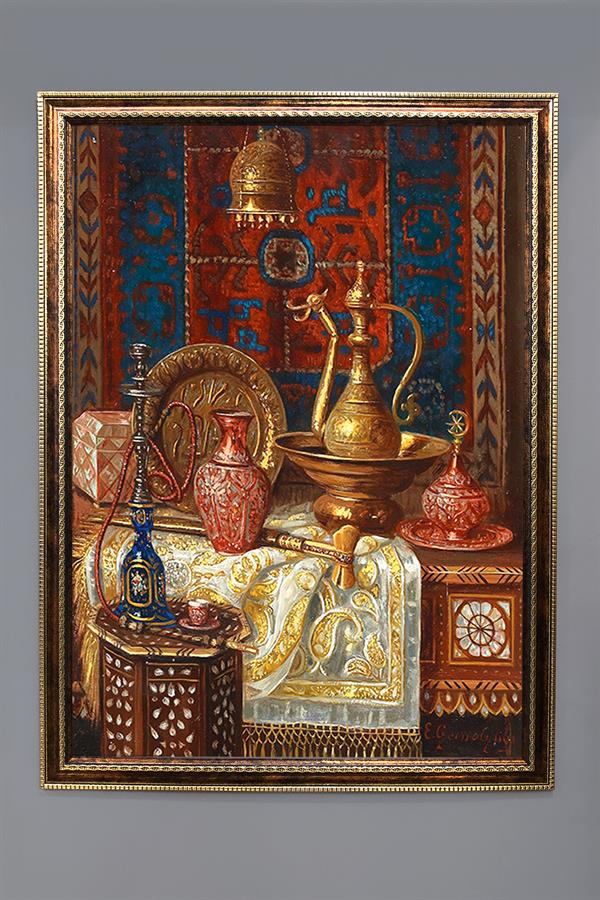 Dekoratif Modern Çerçeveli Otantik İbrik ve Nargile Desenli Duvar Tablosu 50x70 CM