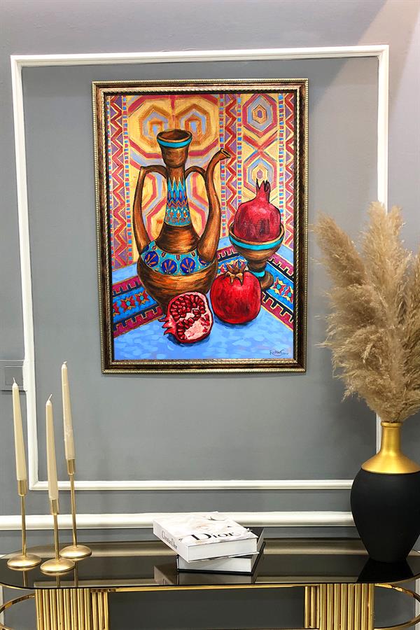 Dekoratif Modern Çerçeveli Otantik İbrik ve Narlar Desenli Duvar Tablosu 50x70 CM