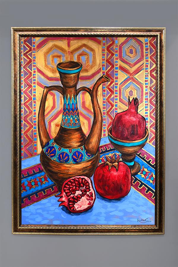 Dekoratif Modern Çerçeveli Otantik İbrik ve Narlar Desenli Duvar Tablosu 50x70 CM