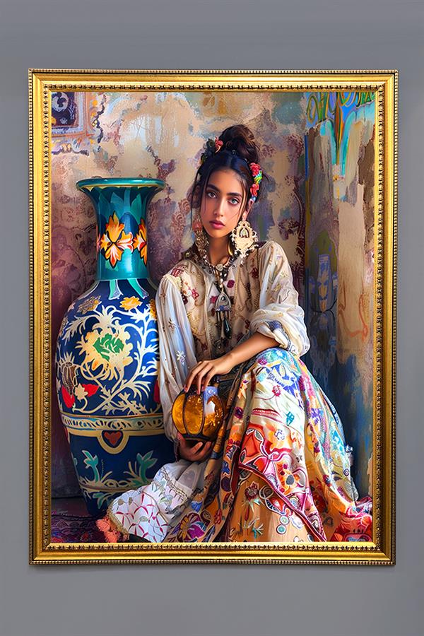 Dekoratif Modern Çerçeveli Otantik Vazo ve Kadın Desenli Duvar Tablosu 50x70 CM