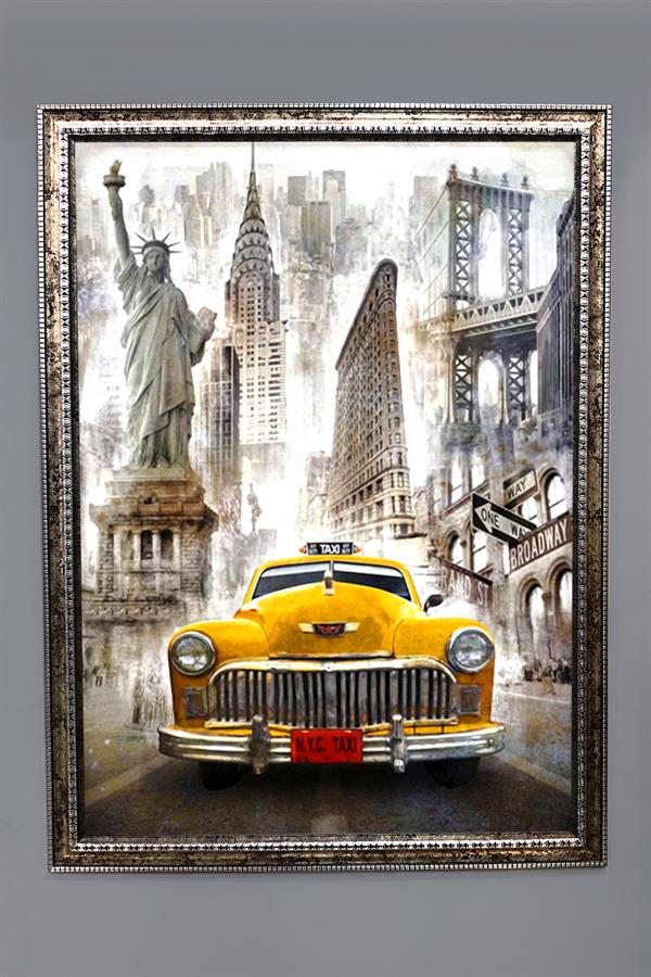 Dekoratif Modern Çerçeveli Sarı Taxi Desenli Duvar Tablosu 50x70 CM