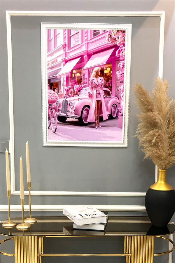 Dekoratif Modern Pembe Araba ve Kadın Desenli Çerçeveli Tablo Duvar Tablosu 50x70cm