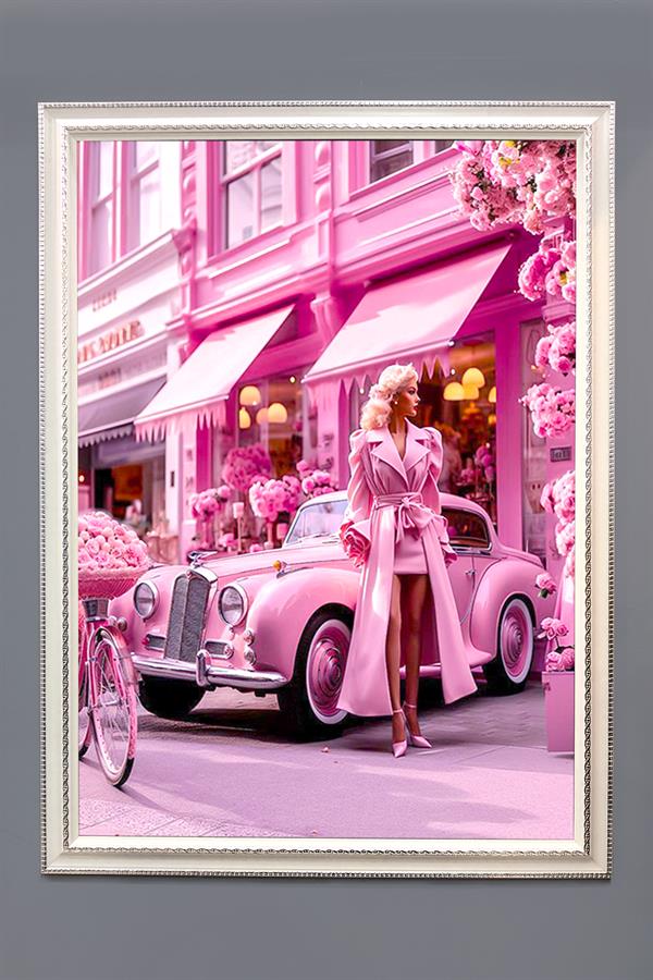 Dekoratif Modern Pembe Araba ve Kadın Desenli Çerçeveli Tablo Duvar Tablosu 50x70cm