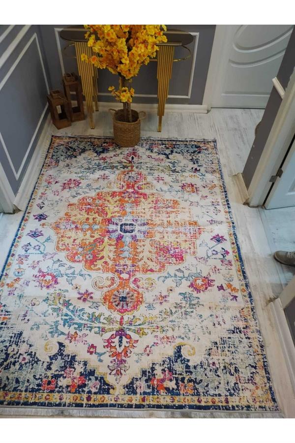 Dekoratif Modern Renkli Klasik Desenli Kaymaz Taban Yıkanır Leke Tutmaz Dokuma Taban Halı Drk8042-10