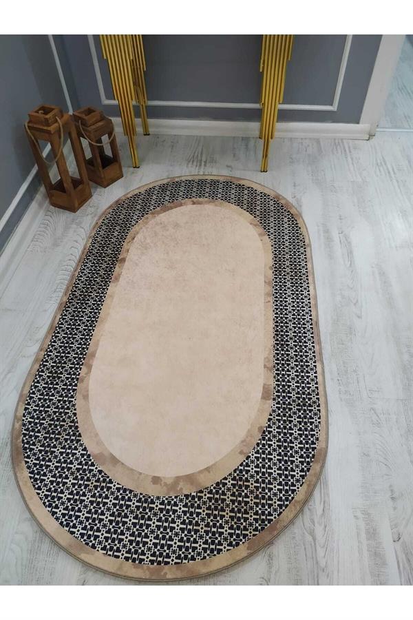Dekoratif Örüntü Desenli Oval Kaymaz Taban Yıkanabilir Leke Tutmaz Dokuma Taban Halı Drk8052-6