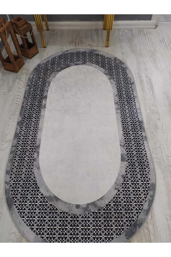 Dekoratif Örüntü Desenli Oval Kaymaz Taban Yıkanabilir Leke Tutmaz Dokuma Taban Halı Drk8053-4