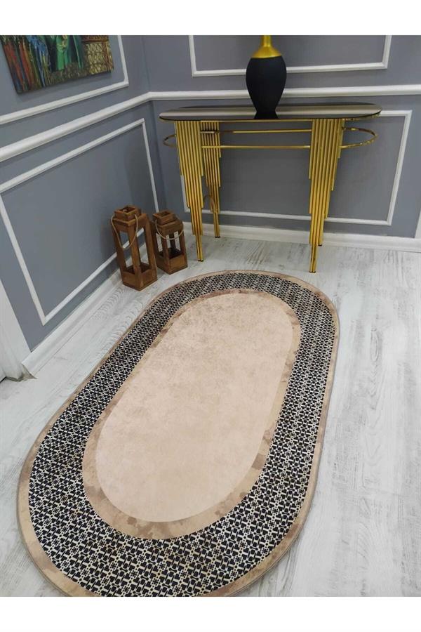Dekoratif Örüntü Desenli Oval Kaymaz Taban Yıkanabilir Leke Tutmaz Dokuma Taban Halı Drk8052-6