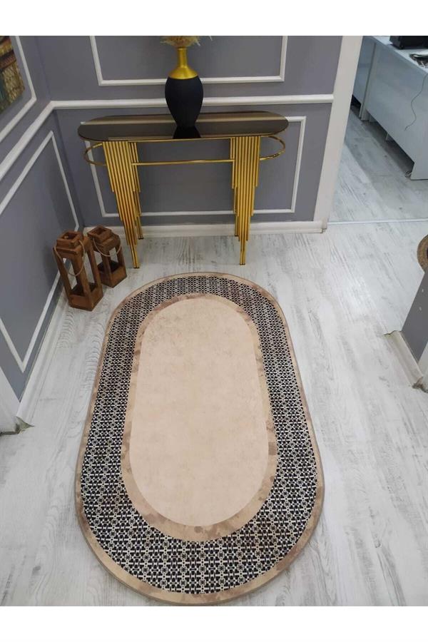 Dekoratif Örüntü Desenli Oval Kaymaz Taban Yıkanabilir Leke Tutmaz Dokuma Taban Halı Drk8052-6