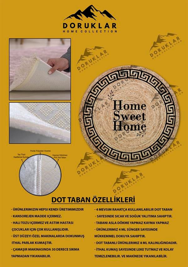 Dijital Baskı Kaymaz Taban Yıkanabilir Hasır-Jüt Görünümlü Yuvarlak Halı