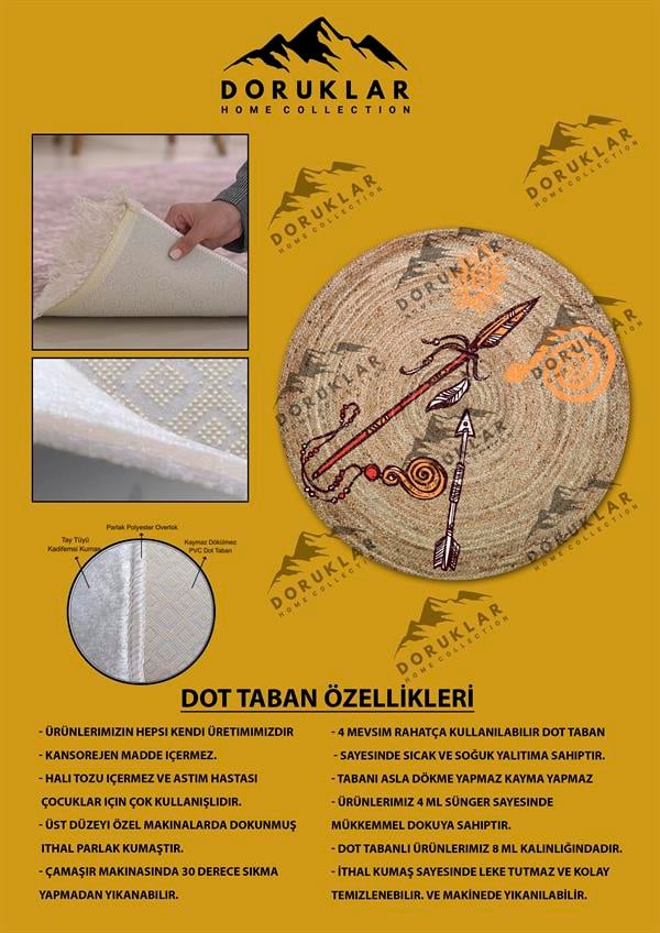 Dijital Baskı Kaymaz Taban Yıkanabilir Hasır-Jüt Görünümlü Yuvarlak Halı