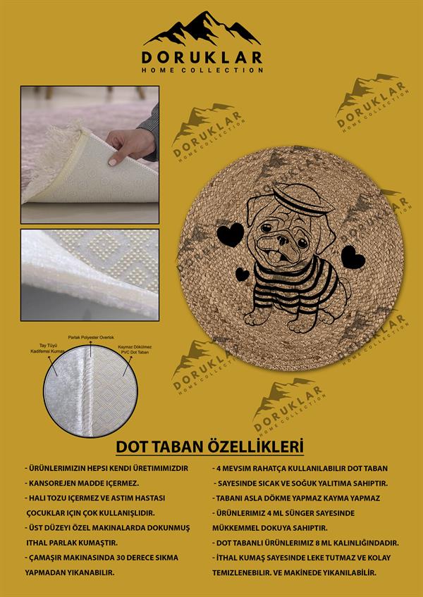 Dijital Baskı Kaymaz Taban Yıkanabilir Hasır-Jüt Görünümlü Yuvarlak Çocuk Halısı