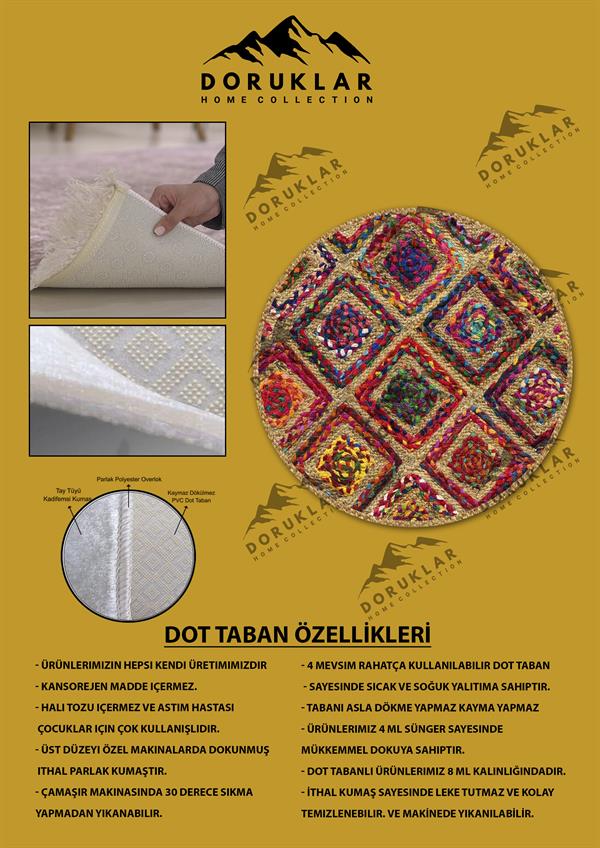 Dijital Baskı Kaymaz Taban Yıkanabilir Hasır-Jüt Görünümlü Yuvarlak Halı