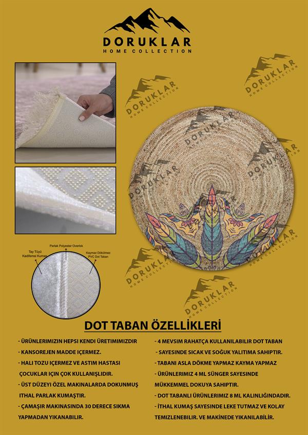 Dijital Baskı Kaymaz Taban Yıkanabilir Hasır-Jüt Görünümlü Yuvarlak Halı