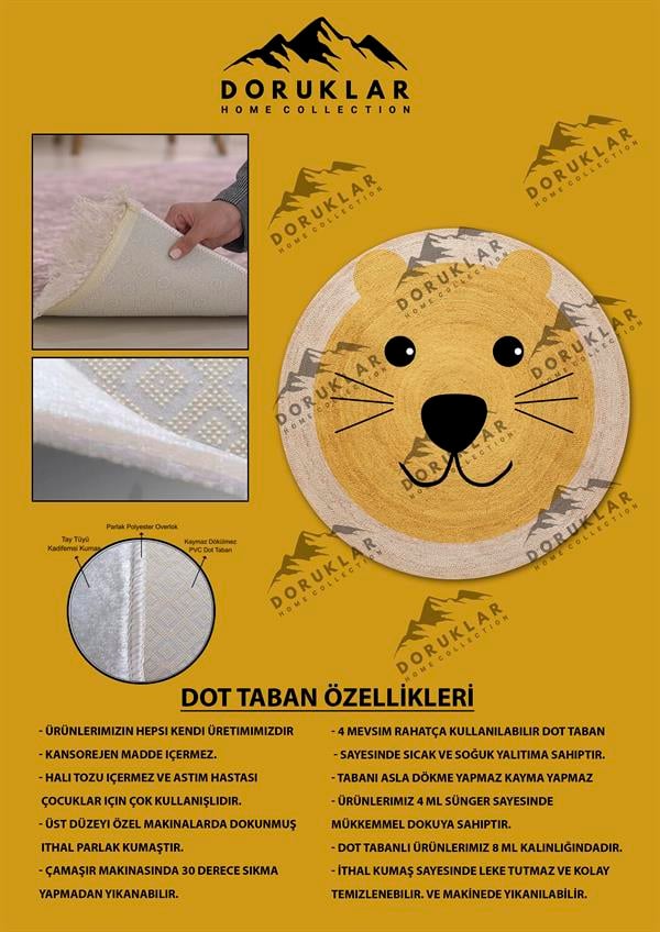 Dijital Baskı Kaymaz Taban Yıkanabilir Hasır-Jüt Görünümlü Yuvarlak Çocuk Halısı