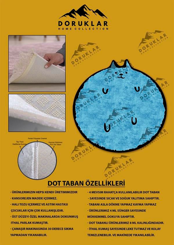 Dijital Baskı Kaymaz Taban Yıkanabilir Mavi Kedi Desenli Yuvarlak Çocuk Halısı