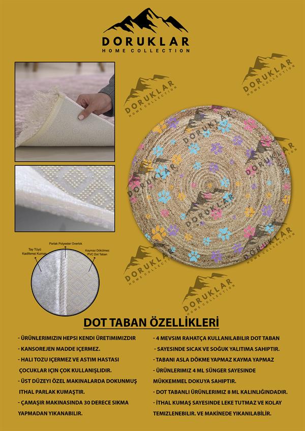 Dijital Baskı Kaymaz Taban Yıkanabilir Hasır-Jüt Görünümlü Yuvarlak Halı