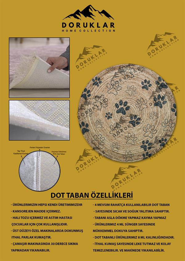 Dijital Baskı Kaymaz Taban Yıkanabilir Hasır-Jüt Görünümlü Yuvarlak Halı