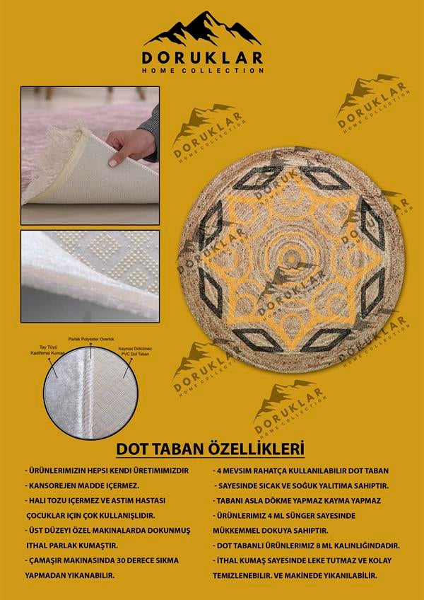Dijital Baskı Kaymaz Taban Yıkanabilir Hasır-Jüt Görünümlü Yuvarlak Halı