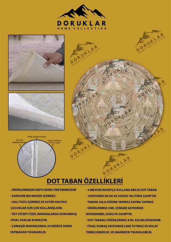 Dijital Baskı Kaymaz Taban Yıkanabilir Hasır-Jüt Görünümlü Yuvarlak Çocuk Halısı
