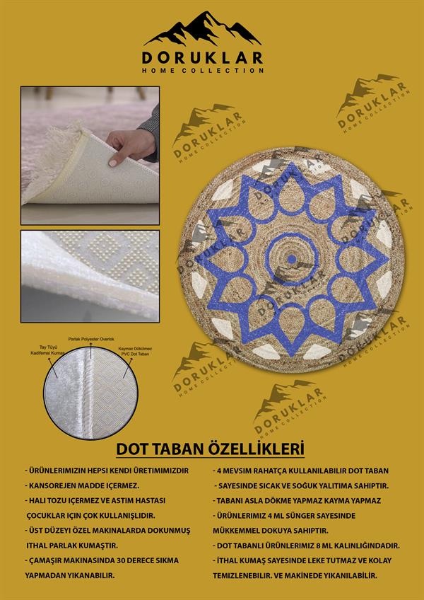 Dijital Baskı Kaymaz Taban Yıkanabilir Hasır-Jüt Görünümlü Yuvarlak Halı