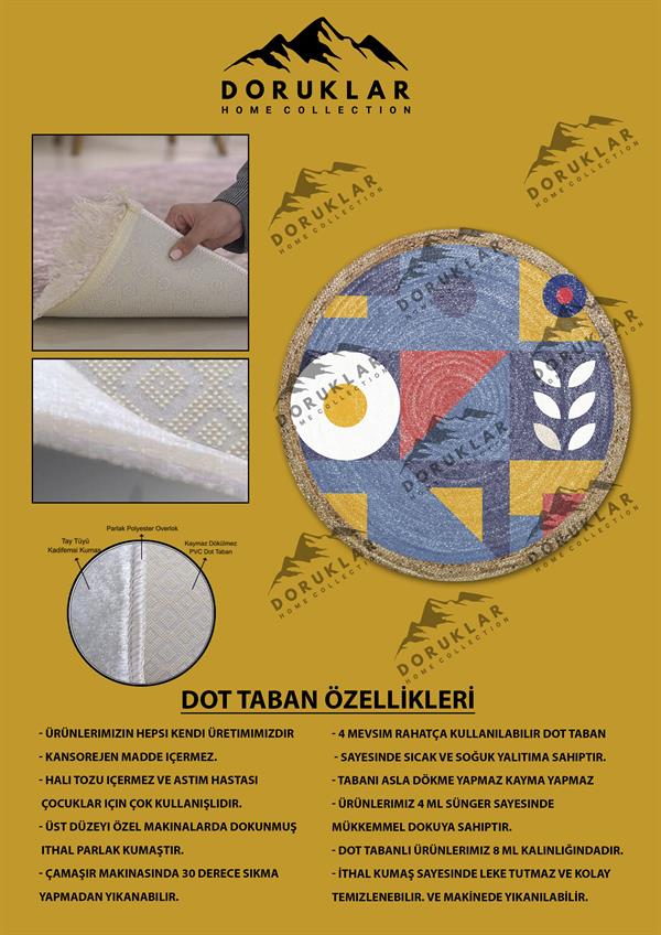 Dijital Baskı Kaymaz Taban Yıkanabilir Hasır-Jüt Görünümlü Yuvarlak Halı