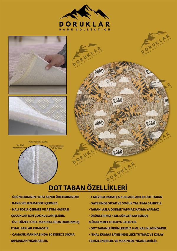 Dijital Baskı Kaymaz Taban Yıkanabilir Hasır-Jüt Görünümlü Yuvarlak Çocuk Halısı